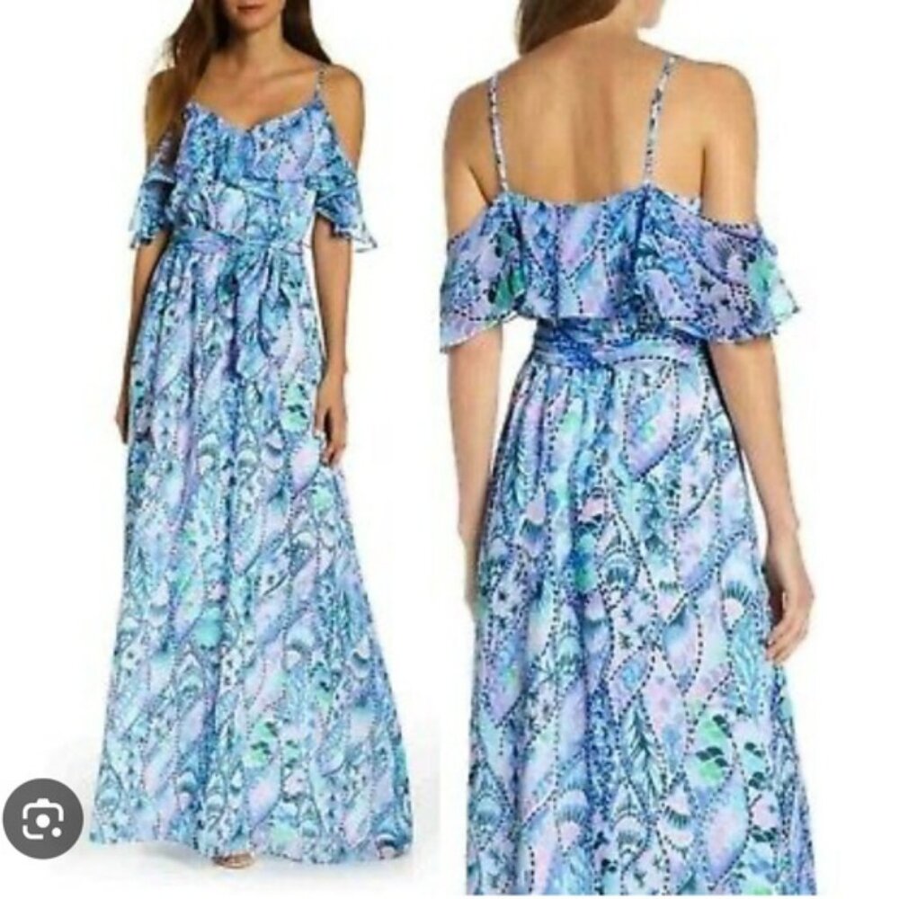 Lilly Pulitzer Blue Patterned Off-Shoulder Maxi Dress